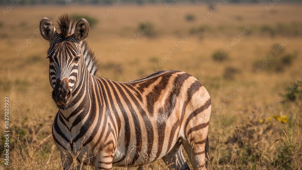 Obraz premium Zebra in the wild with distinctive black and white stripes. Savannah landscape, natural habitat. Wildlife and nature. The concept of conservation and animal diversity.