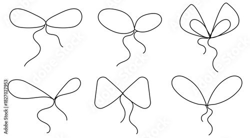 Set of line gift bows, hand drawn ribbon with bow for birthday and Christmas present, wedding card