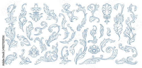Vintage Baroque acanthus leaf elements set. Whimsical, filigree, swirl floral design elements for Victorian classic frames, borders, corners, patterns, wedding invitations, card decorations, diplomas.