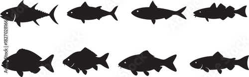 Collection of diverse fish silhouette vectors for aquatic themed designs