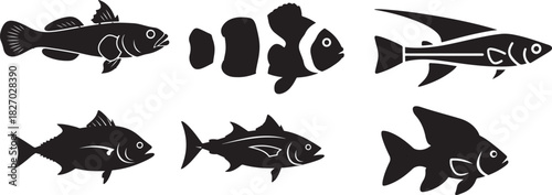 Collection of black and white fish silhouettes various species illustration