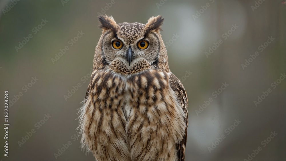 Fototapeta premium A majestic owl with striking yellow eyes and intricate feather patterns, captured in a natural setting.