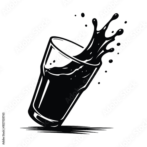 A clear glass is abruptly tipped, sending a dynamic splash of water upwards and outwards. The glass itself remains upright, capturing the moment of impact.