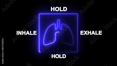 glowing neon 1 minute animation of a box breathing exercise guide with lungs icon and inhale-hold-exhale cycle .useful for meditation, relaxation and mindfulness.4k motion video animation.