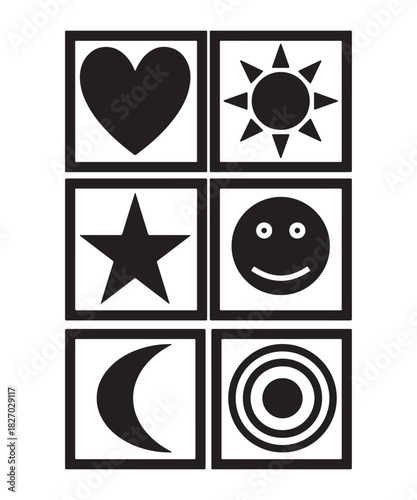 Vector illustration of an abstract background with stars. Minimalist Monochrome Flashcard Design Collection with Basic Shapes and Abstract Target Pattern, Ideal for Early Childhood Education and Baby 