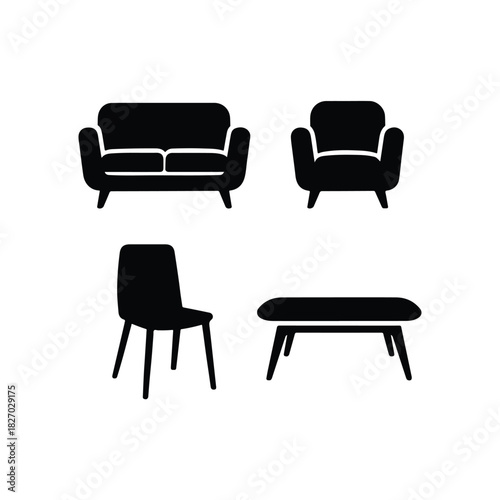 Furniture silhouette icon set. chairs, tables, and more in linear style collection