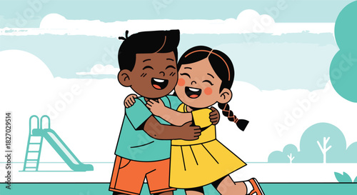 Two young children, a boy and a girl, joyfully embrace in a warm hug outdoors, with a playground slide and trees in the background.