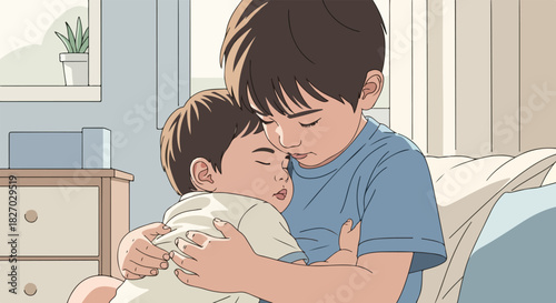 A tender moment of sibling affection, a young boy gently embraces his sleeping baby brother.