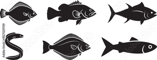 Silhouette set of various fish species swimming in the ocean depths