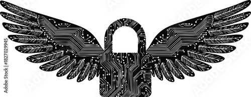 Secure digital freedom concept with padlock adorned with wings and circuit board design