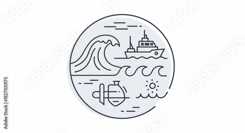 Oceanic Adventure with Ship, Submarine, and Waves in a Circular Monoline Design.