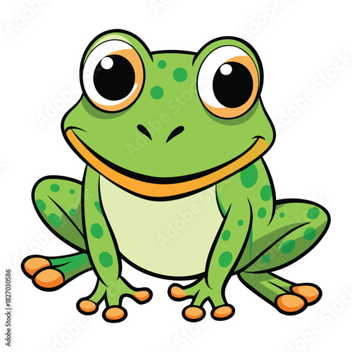 Happy Green Cartoon Frog with Big Eyes Sitting on White Background vector