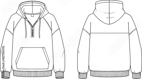 Half-zip hoodie vector illustration, technical fashion flat sketch, front and back view, raglan sleeve, apparel design template