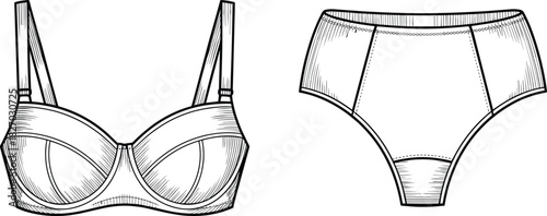 Hand drawn technical fashion flat sketch, lingerie set, underwire bra and high waist panty, vector.