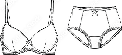 Lingerie set technical fashion flat sketch, underwire bra and high waist panty with bow and picot trim vector illustration.