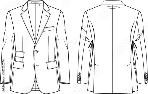 Men's blazer vector illustration, technical fashion flat sketch, front and back view, suit jacket with ticket pocket, formal coat