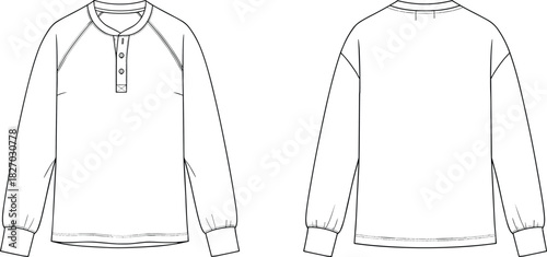 Long sleeve henley shirt vector illustration, technical fashion flat sketch, front and back view, clothing design template, apparel mockup