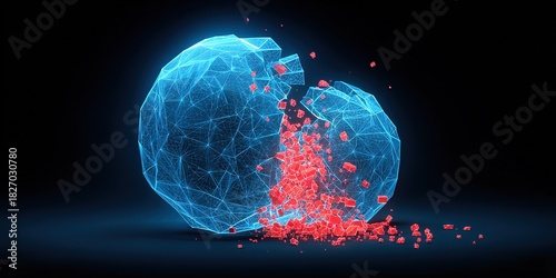 Breaking of a 3D geometric shape with glowing edges and particles in a dark background