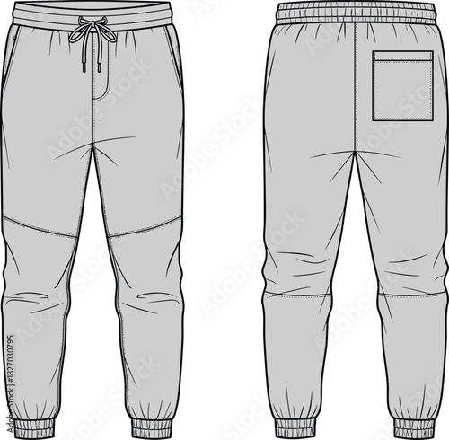 Men's jogger pants vector illustration, technical fashion flat sketch, front and back view, sportswear design template, activewear mockup
