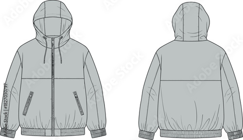 Men's hooded jacket vector illustration, technical fashion flat sketch, front and back views, windbreaker design template, apparel mockup