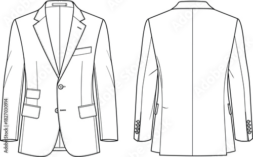 Men's suit blazer vector illustration, technical fashion flat sketch, front back view, formal coat design template, apparel mockup outline