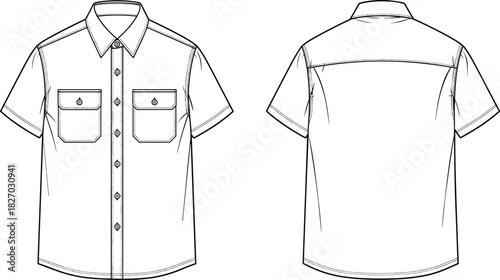 Men's utility shirt vector illustration, technical fashion flat sketch, front and back view, workwear design template, outdoor apparel mockup