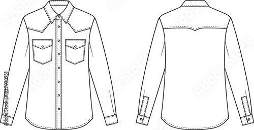 Men's Western Denim Shirt Long Sleeve Technical Flat Sketch Vector Template with Yokes, Patch Pockets, and Cuffs for Fashion Illustration CAD