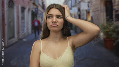 Girl frowns and touches hair with hand while standing on narrow cobblestone street in city center; confusion doubt. Free Download Girl frowns and touches hair with hand while standing on narrow cobblestone street in city center; confusion doubt. - GFXLoad