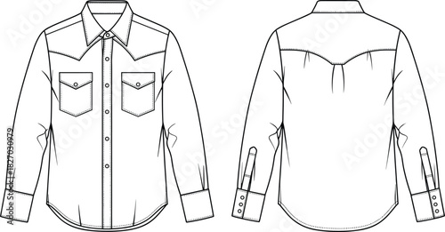 Men's western shirt vector illustration, technical fashion flat sketch, front and back view, long sleeve, cowboy apparel mockup
