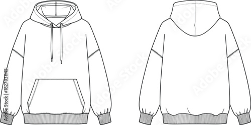 Oversized hoodie vector illustration, technical fashion flat sketch, front and back view, streetwear design template, apparel mockup outline