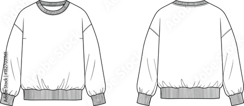 Oversized sweatshirt technical fashion flat sketch vector illustration, crew neck pullover jumper mockup template, front and back view design.