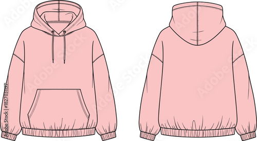 Pink oversized hoodie vector illustration, technical fashion flat sketch, front and back views, streetwear design template, apparel mockup drawing
