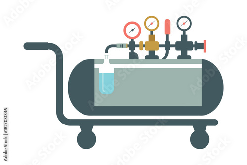 A medical oxygen tank on a trolley with gauges and regulators is ready for use.
