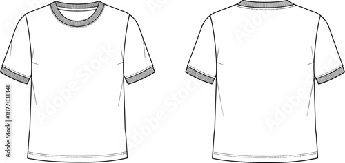 Ringer t-shirt vector illustration, technical fashion flat sketch, front and back view, clothing design template, apparel mockup drawing