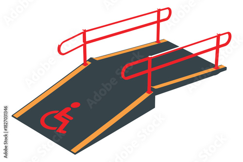 A wheelchair ramp with red handrails provides access for people with disabilities.