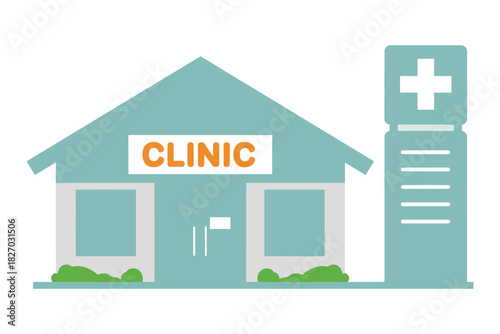 A simple illustration of a clinic building with a sign and a medical cross.