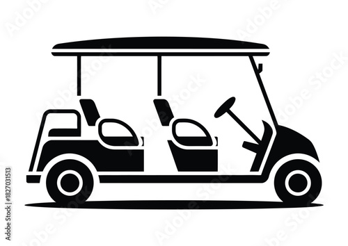 A black and white illustration of a two-seater golf cart with a canopy is shown from the side.