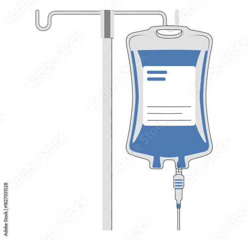 A medical IV bag hangs from an IV pole, ready for administration.