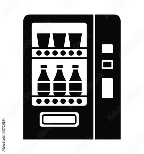A black and white illustration of a vending machine filled with bottles and cups.