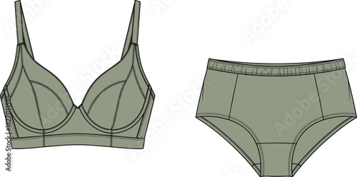 Women's lingerie set vector illustration, technical fashion flat sketch, bra and panties design template, underwear mockup