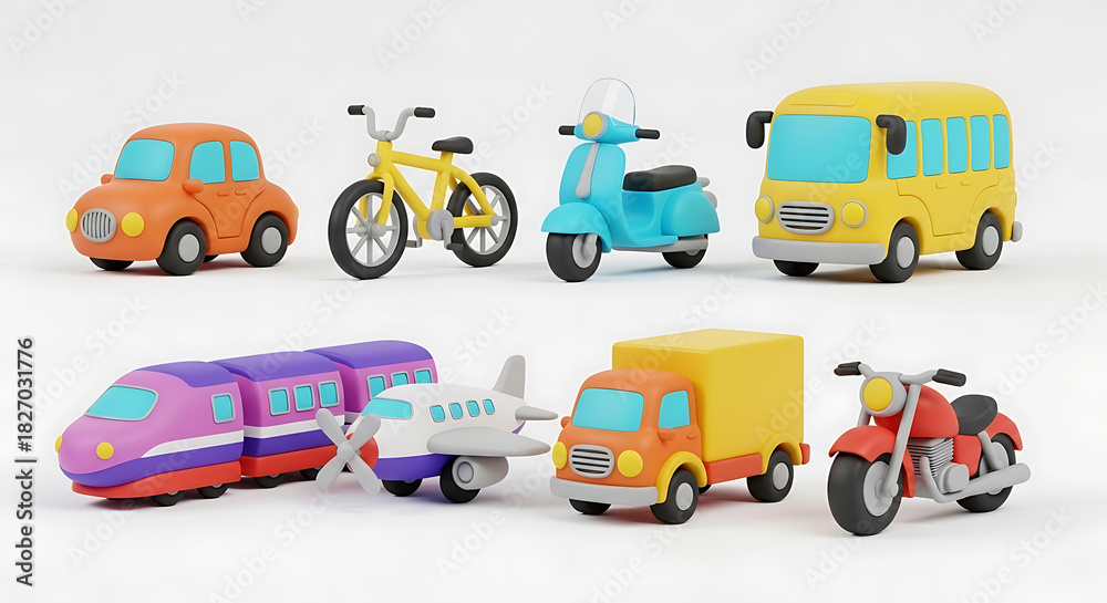 Naklejka premium A diverse collection of cute 3D toy transportation vehicles, including a car, bike, scooter, bus, train, plane, truck, and motorcycle, isolated on a white background
