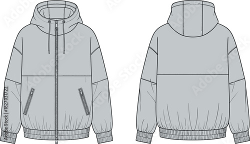 Zip-up hooded jacket vector illustration, technical fashion flat sketch, front and back view, windbreaker design template, apparel mockup drawing