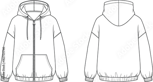 Zip-up hoodie vector illustration, technical fashion flat sketch, front and back view, oversized fit template, streetwear apparel mockup drawing