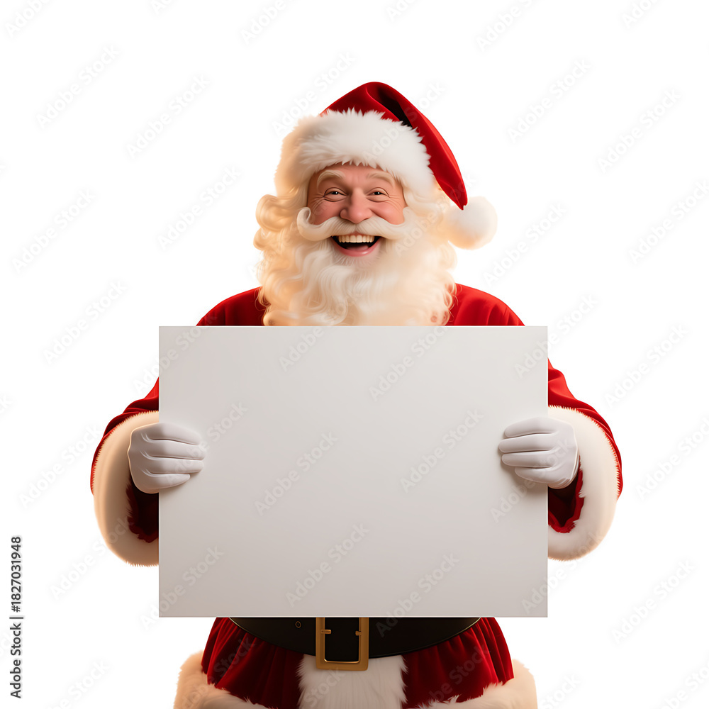 Naklejka premium Santa with Blank Sign – Painted Poster Style. generative aiShort Description: Painted Santa holding a blank sign with vintage poster texture