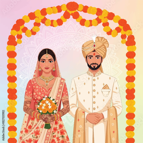 Highly detailed flat vector of an Indian wedding couple standing in front of an arch made of marigold garlands, featuring intricate floral lehenga patterns, mehndi‑covered hands