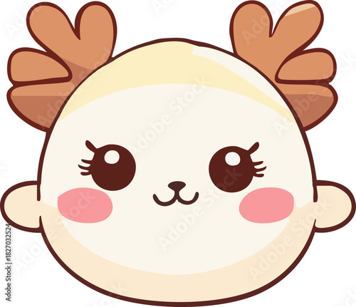 A cute kawaii-style reindeer face with soft cream colors, big sparkling eyes, blush cheeks, and rounded cartoon antlers.