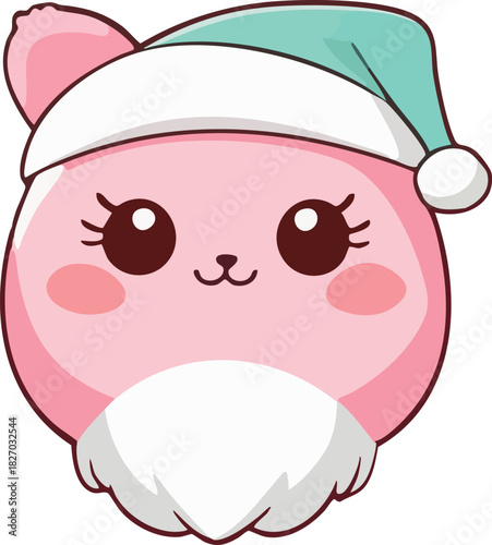 A cute pink kawaii animal wearing a mint-green Santa hat with a fluffy white beard, big sparkling eyes, and rosy cheeks.