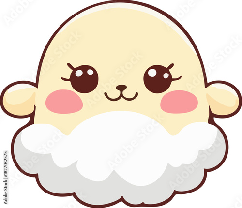 A cute pastel-yellow kawaii sheep face with fluffy white wool, big sparkling eyes, and soft rosy cheeks.