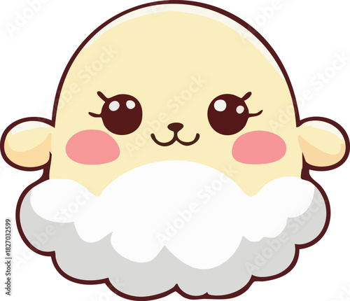 A cute pastel-yellow kawaii sheep face with fluffy white wool, big sparkling eyes, and soft rosy cheeks.