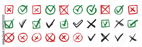 Artistic grungy sketch-style check and cross symbol set.